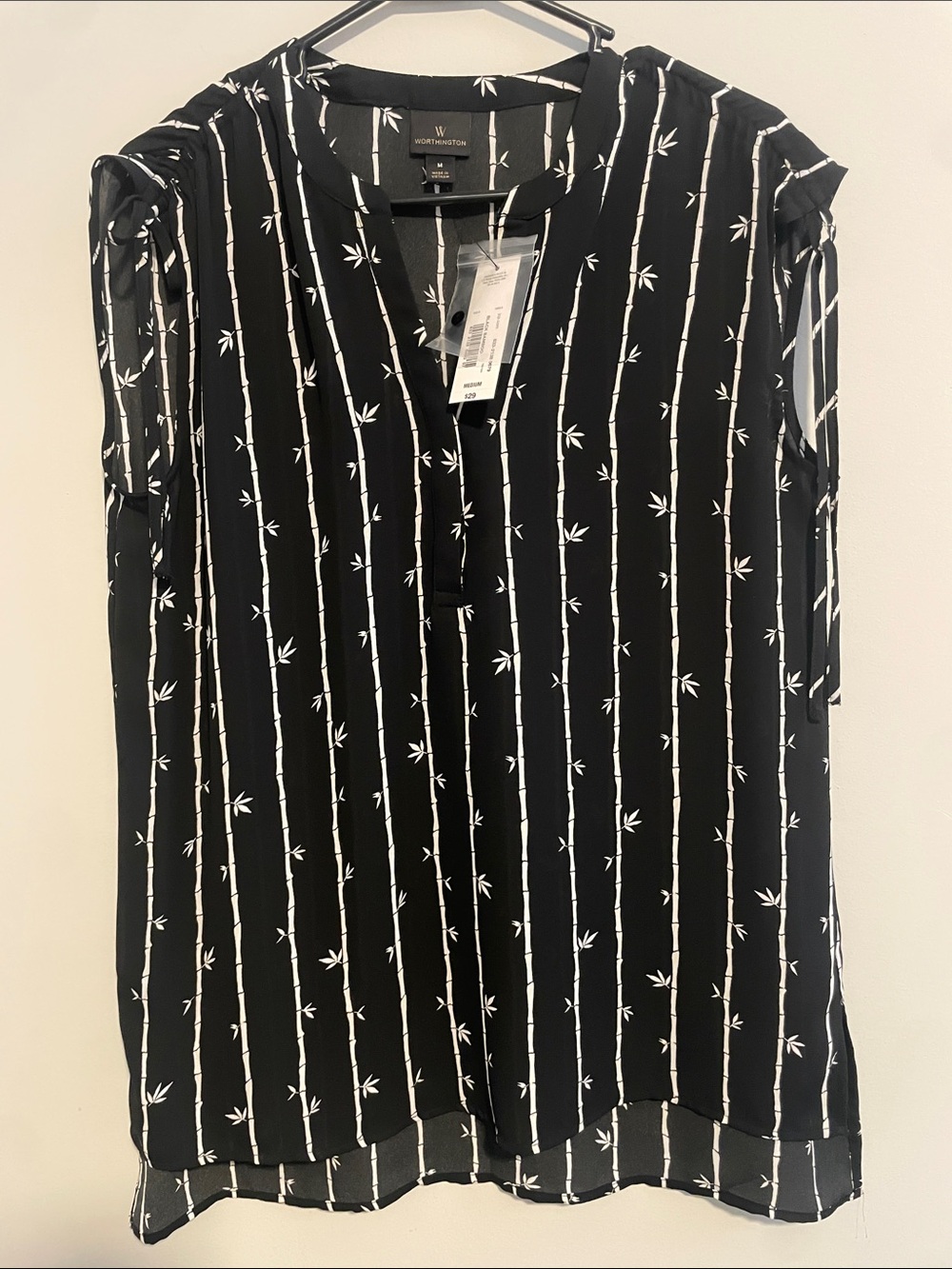 Worthington Black & White Vertical Bamboo-Print Split V-Neck Blouse